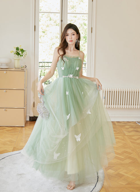 Light Green Tulle Straps Long Prom Dress, Light Green A-line Party Dress