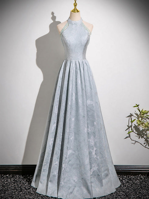 A-line Sliver-Grey Floor Length Satin Prom Dress, A-line Halter Evening Dress Prom Dress