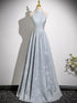 A-line Sliver-Grey Floor Length Satin Prom Dress, A-line Halter Evening Dress Prom Dress