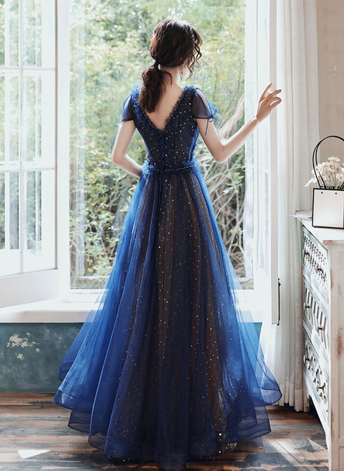 Navy Blue A-line Short Sleeves V-neckline Party Dress, Navy Blue Prom Dress
