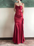 Wine Red Satin Sweetheart Straps Prom Dress, Wine Red Long Evening Dress