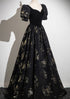 Black A-line Short Sleeves Sweetheart Floral Long PartY Dress, Black Prom Dress