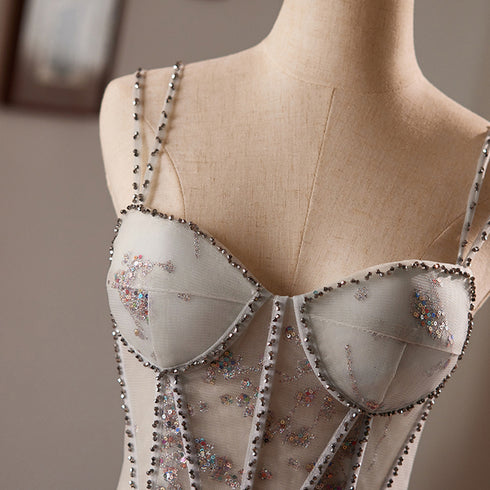 Grey Sweetheart Tulle Beaded Straps Homecoming Dress, Grey Tulle Prom Dress