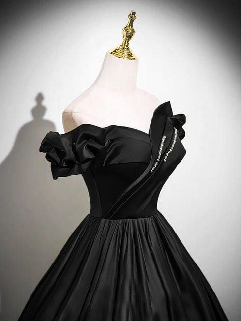 A-line Black Satin Sweetheart Off Shoulder Prom Dress, Black Satin Beaded Evening Dress
