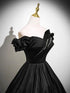 A-line Black Satin Sweetheart Off Shoulder Prom Dress, Black Satin Beaded Evening Dress