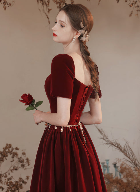 Wine Red Off Shoulder Velvet Long Party Dress, A-line Wine Red Sweetheart Prom Dress