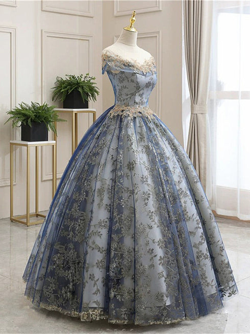 Cute Blue Tulle With Lace Cap Sleeves Party Dress, Tulle Ball Gown Sweet 16 Dress