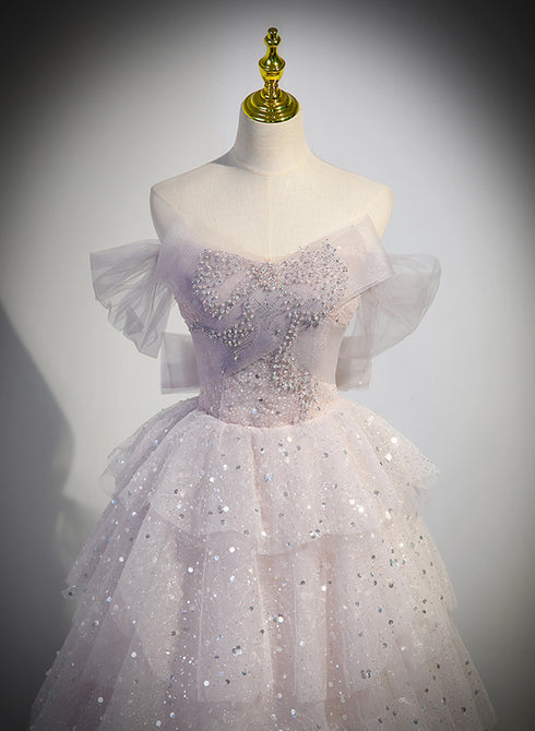 Pink Tulle Ball Gown Layers Long Party Dress, Pink Shiny Tulle Sweet 16 Dress