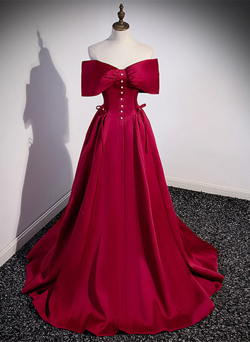 Wine Red Satin Sweetheart Long Evening Dress, Wine Red Satin Prom Dress