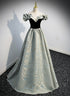A-line Blue Grey Satin Sweetheart Off Shoulder Prom Dress, Long Evening Dress