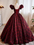 A-line Black and Red Lace Short Sleeves Party Dress, Black and Red Long Formal Dress