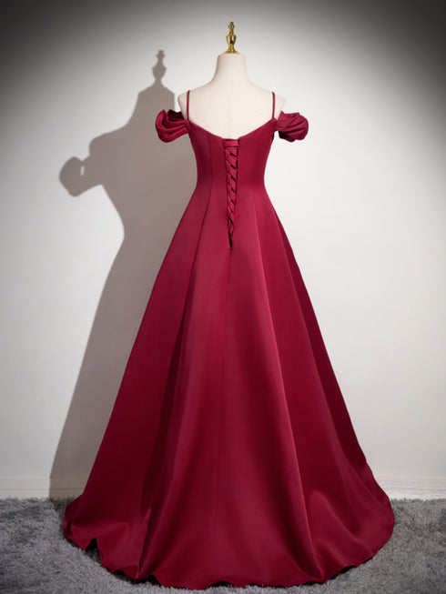 Wine Red Satin V-neckline Long Party Dress Prom Dress, Wine Red Evening Dress