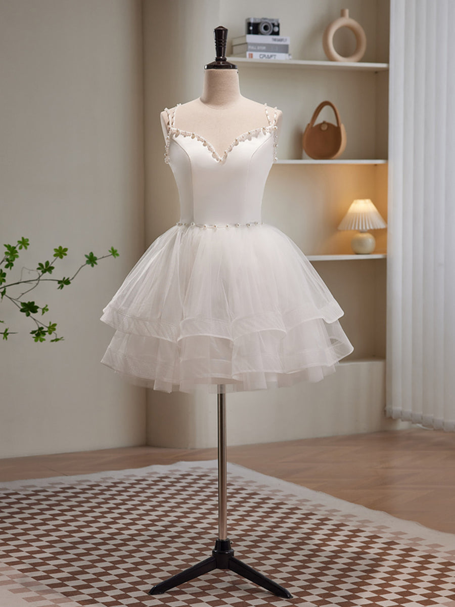 short white beaded prom dress Cute A Line Cap Sleeves White Lace Homecoming Dresses Pearl Beaded