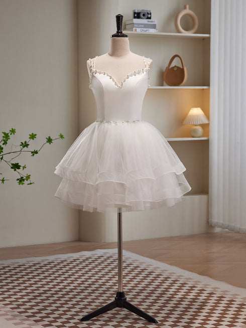 Cute White Short Tulle Beaded Graduation Dress, White Short Prom Dress Formal Dress