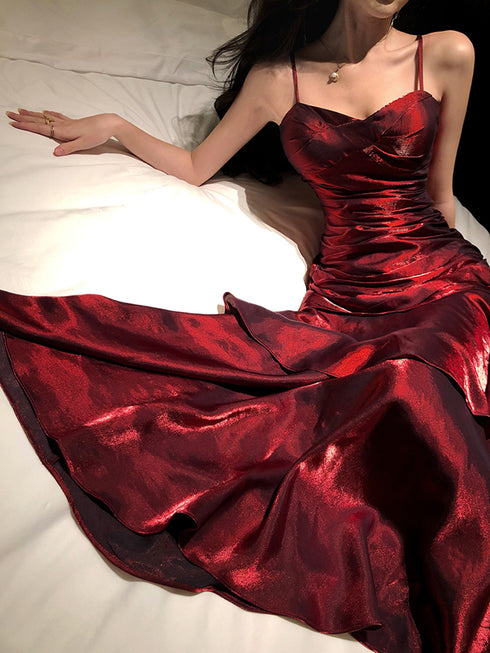 Wine Red Chic Satin Mermaid Sweetheart Long Party Dress, Wine Red Satin Evening Dress