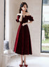 Wine Red Velvet Tea Length Party Dress Graduation Dress, Wine Red Prom Dress
