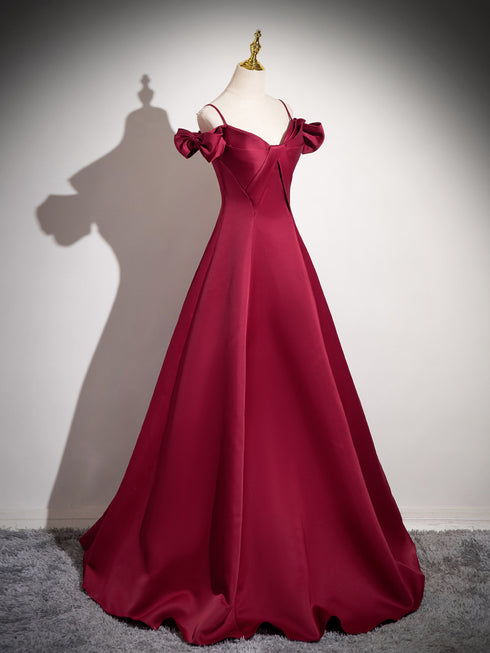 Wine Red Satin V-neckline Long Party Dress Prom Dress, Wine Red Evening Dress
