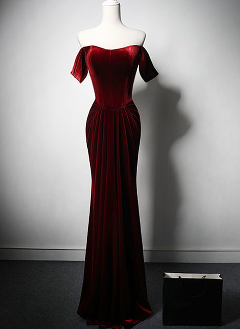 Wine Red Velvet Off Shoulder Long Mermaid Prom Dress, Wine Red Velvet Eveing Dress