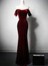 Wine Red Velvet Off Shoulder Long Mermaid Prom Dress, Wine Red Velvet Eveing Dress
