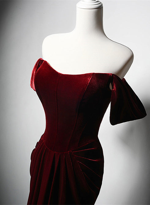 Wine Red Velvet Off Shoulder Long Mermaid Prom Dress, Wine Red Velvet Eveing Dress