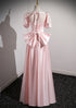Pink Satin Short Sleeves A-line Floor Length Prom Dress, Pink Satin Party Dress with Bow