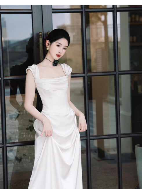 White Satin Strapless Floor Length Wedding Party Dress, White Satin Long Prom Dress