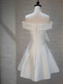 White Satin Beaded Off Shoulder Knee Lenght homecoming Dress, White Satin Party Dress