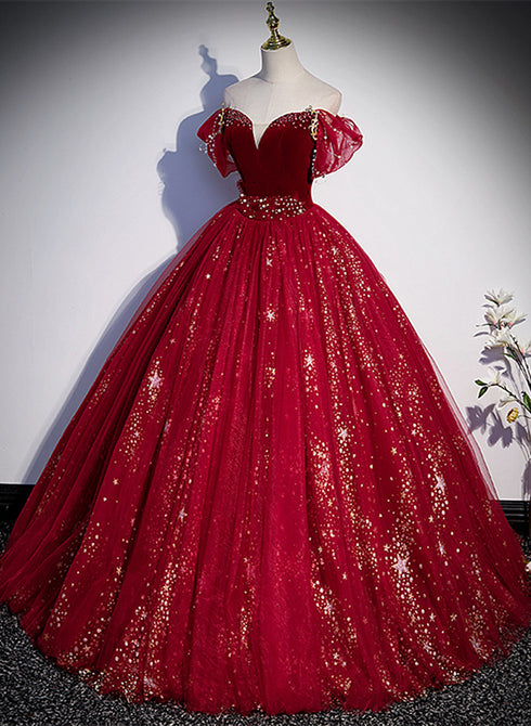 Wine Red Tulle Ball Gown Beaded Sweetheart Party Dress, Wine Red Prom Dress