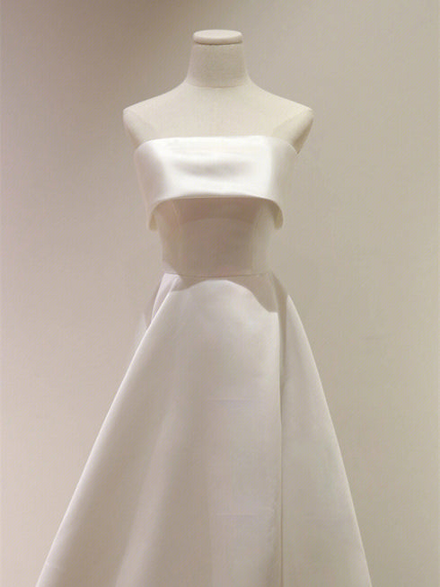 White Satin Strapless A-line Long Formal Dress, White Satin Wedding Party Dress