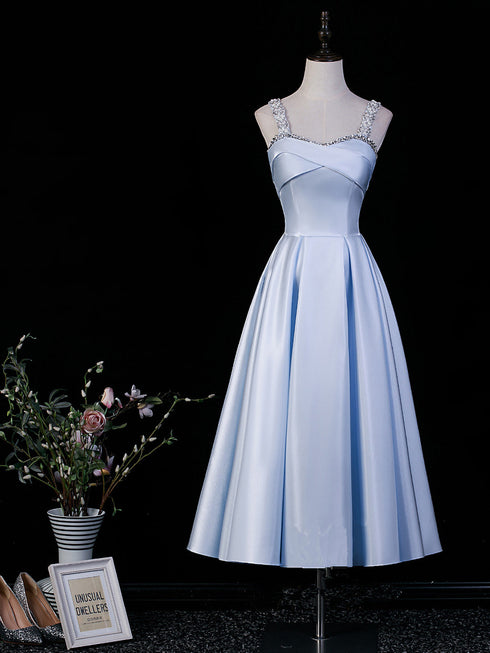 Light Blue Beaded Straps Tea Length Party Dress, Light Blue Wedding Party Dress Formal Dress