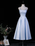 Light Blue Beaded Straps Tea Length Party Dress, Light Blue Wedding Party Dress Formal Dress