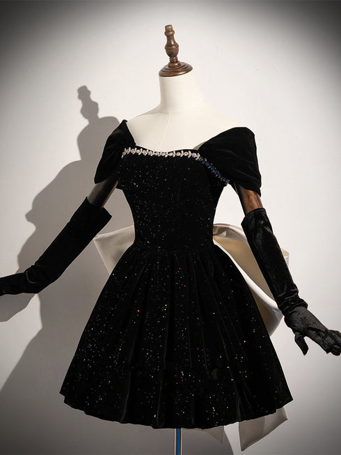 Sparkly Black Velvet A-Line Party Dress with Off-Shoulder Sleeves, Black Velvet Homecoming Dress