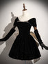 Sparkly Black Velvet A-Line Party Dress with Off-Shoulder Sleeves, Black Velvet Homecoming Dress