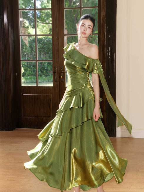 Elegant Green One Shoulder Ruffle Layered Prom Dress, Green A-line Floor Length Party Dress