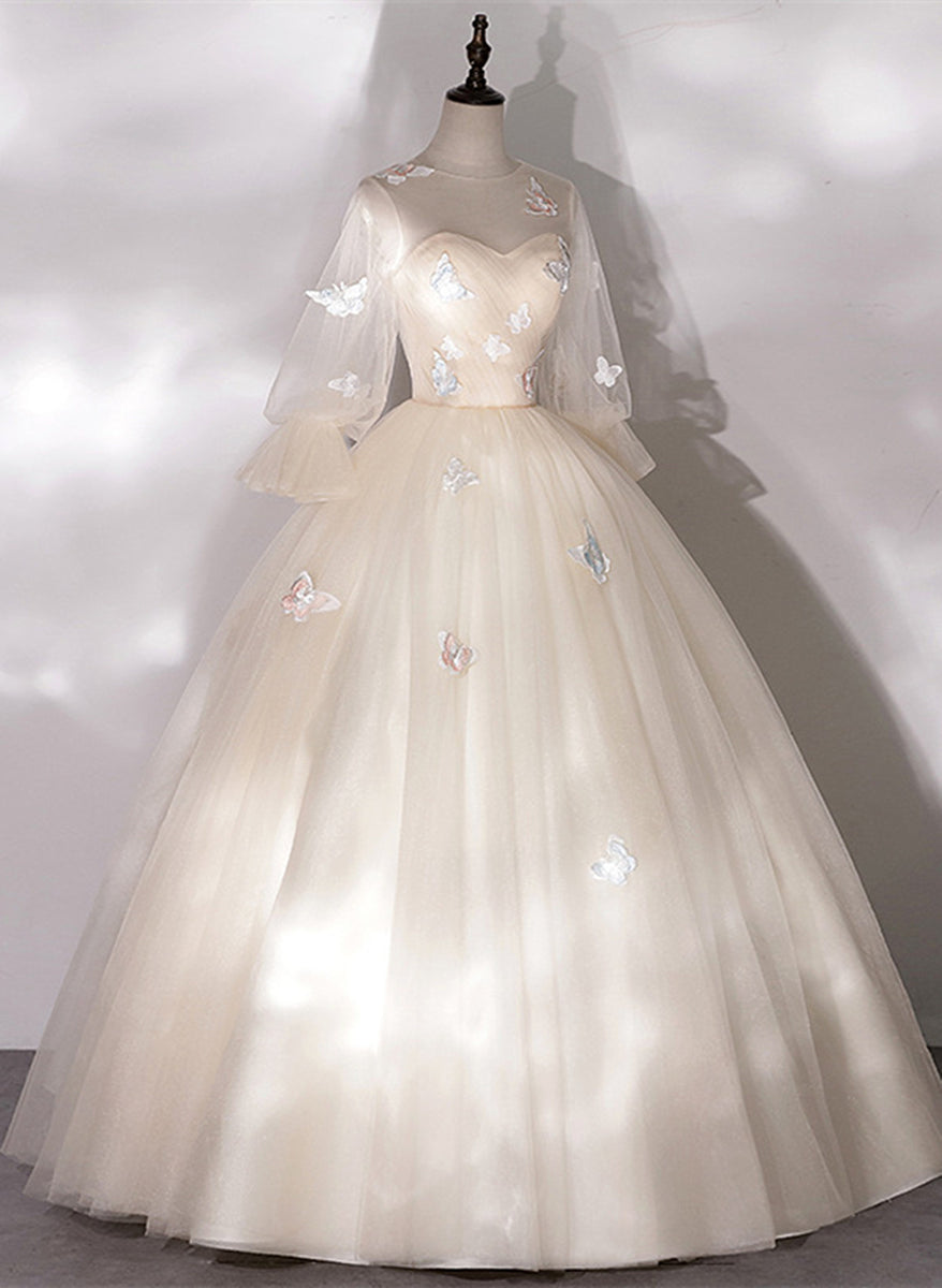 Ivory Tulle High Neckline Long Party Dress With Lace Applique, Ball Gown Sweet 16 Dresses