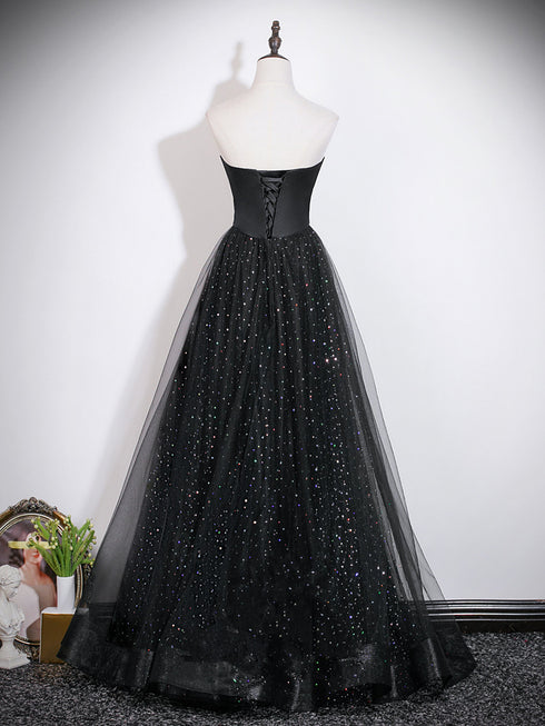 A-line Black Strapless Long Party Dress, Black Sweetheart Wedding Party Dress