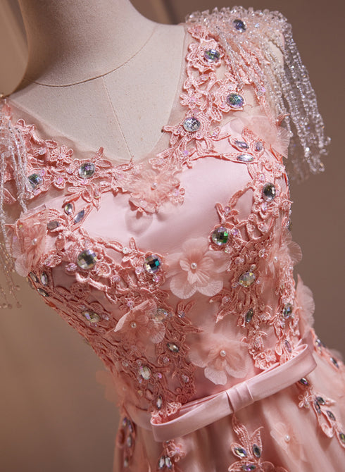 Pink V-neckline Tulle Beaded with Lace Applique Prom Dress, Pink Party Dress