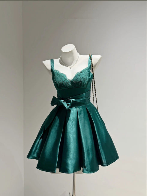 Green Satin with Lace Straps Sweetheart Homecoming Dress, Green Satin Short Party Dress