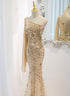 Lovely One Shoulder Champagne Sequins Mermaid Prom Dress, Champagne Evening Dress
