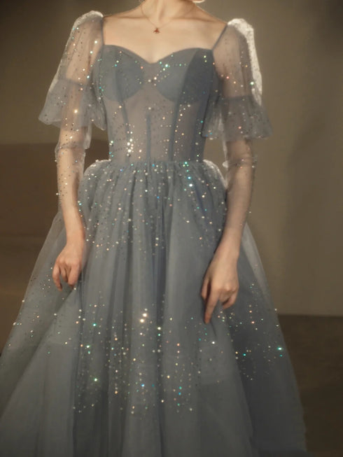 Blue Beaded A-line Tulle Long Party Dress, Blue Evening Dress Prom Dress