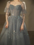 Blue Beaded A-line Tulle Long Party Dress, Blue Evening Dress Prom Dress