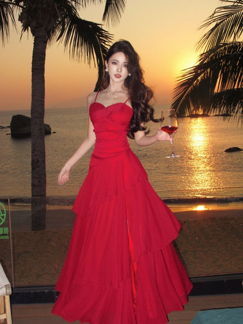 Red Chiffon Sweetheart Straps Layers Party Dress, Red Chiffon Evening Dress Prom Dress