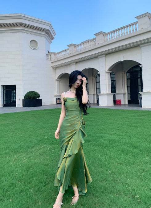Green Satin Straps Long Evening Dress Prom Dress, Green Satin Scoop Evening Dress Formal Dress