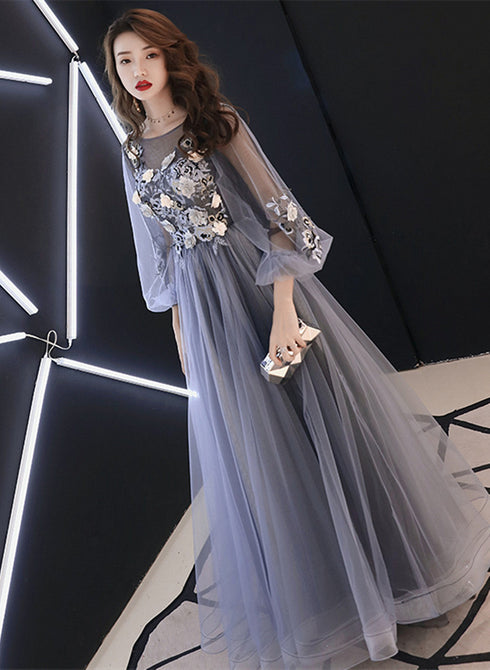 A-line Puffy Long Sleeves Flowers Tulle Party Dress, Tulle Floor Length Prom Dress