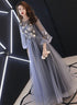 A-line Puffy Long Sleeves Flowers Tulle Party Dress, Tulle Floor Length Prom Dress