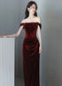 Wine Red Off Shoulder Scoop Long Party Dress, Wine Red Velvet Prom Dress