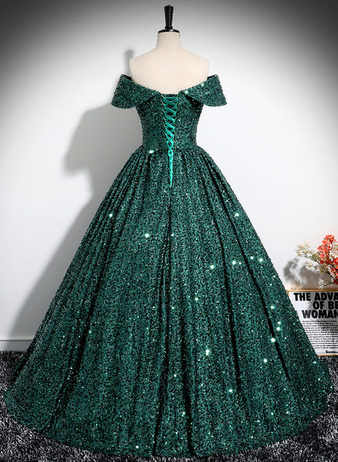 Dark Green Sequins Off Shoulder Ball Gown Prom Dress, Dark Green Formal Dress
