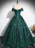 Dark Green Sequins Off Shoulder Ball Gown Prom Dress, Dark Green Formal Dress