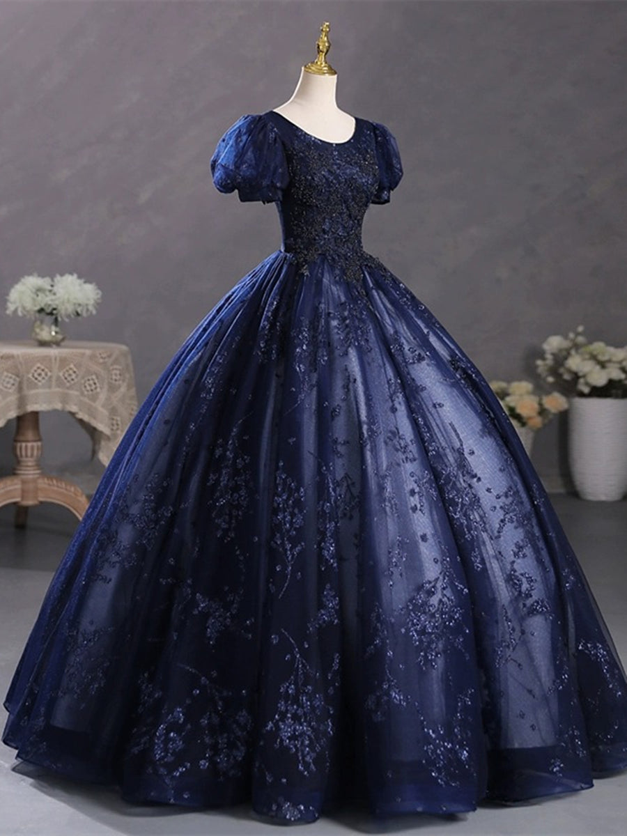 Navy Blue Ball Gown Round Neckline Short Sleeves Party Dress, Navy Blu
