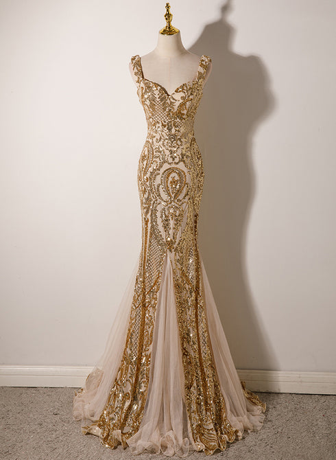 Champagne Mermaid Straps Long Evening Dress, Champagne Sequins Prom Dress